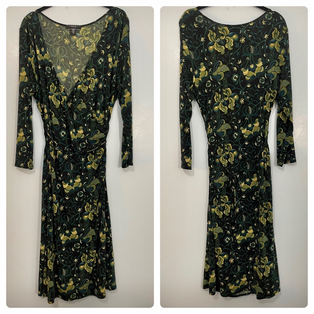 Laundry by Shelli Segal Green Floral Faux Wrap Dress Waist Tie Size 12